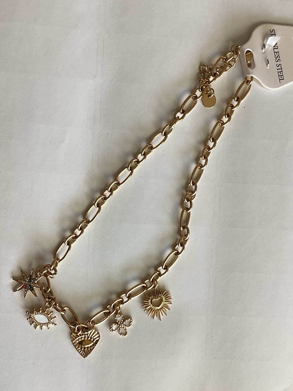 Gold-Tone‎ Charm Link Necklace with Heart & Sun Charms